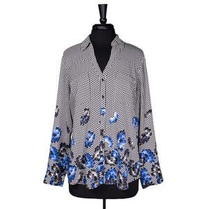 Express Women's Shirt Portofino Button Up Black White Blue Floral Blouse Top L